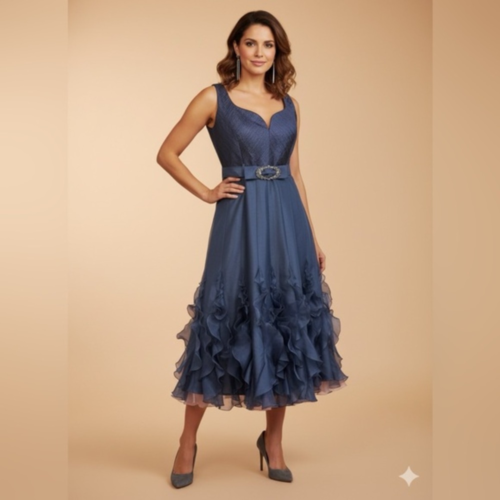 🩵 Ross Mayer 100% Silk Navy Ruffle Dress Size 10